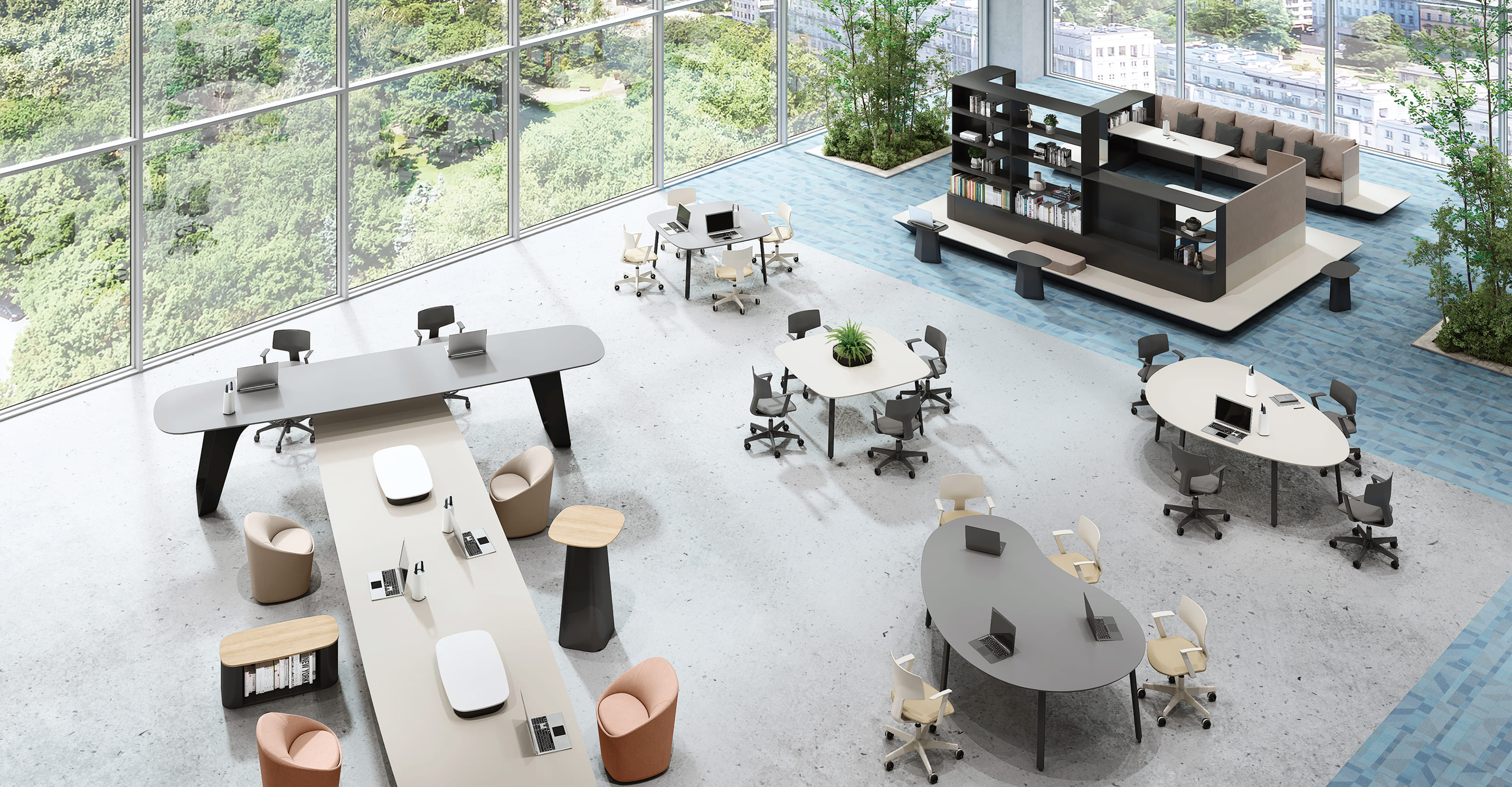 上からの角度で見た、オカムラ製品を使用したオフィス